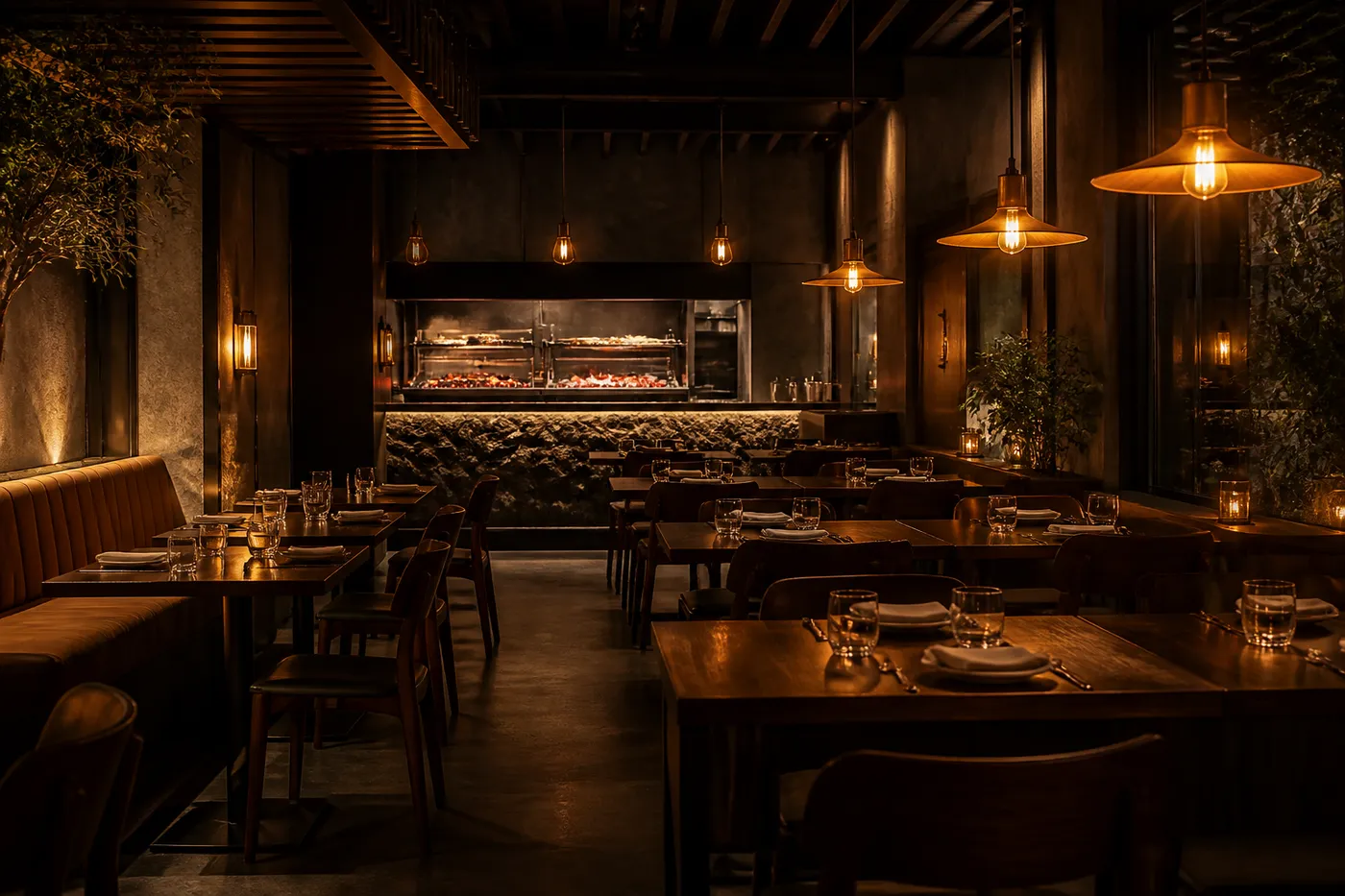 Akşam ışığında boş ve sıcak bir restoran salonu