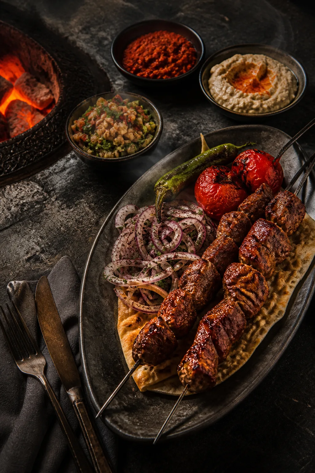 Közde pişmiş kuzu şiş, sebzeler ve mezelerle hazırlanmış sofra